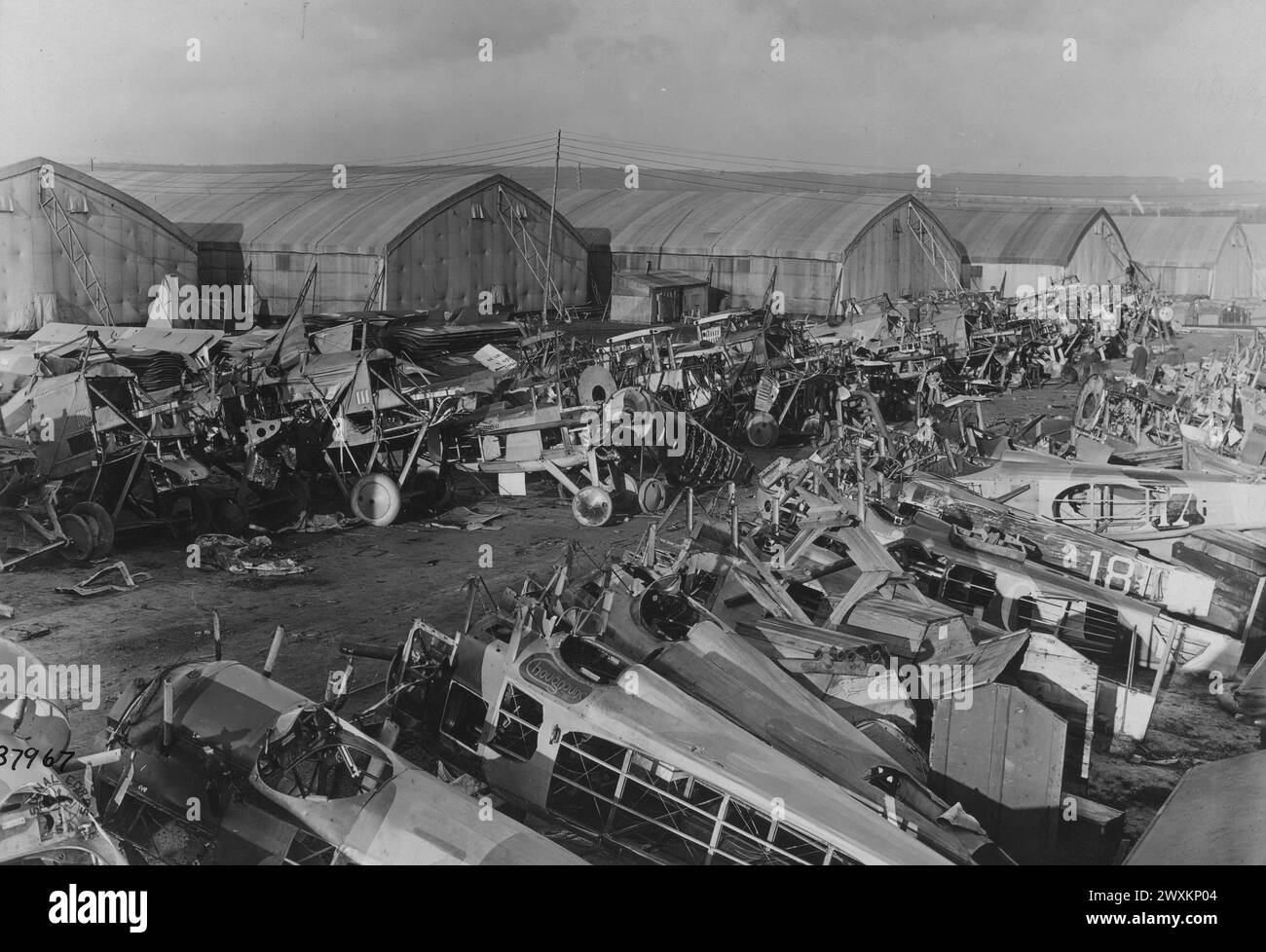 Wrecked WW I airplanes at a salvage yard at St. Cyr, Siene et Oise