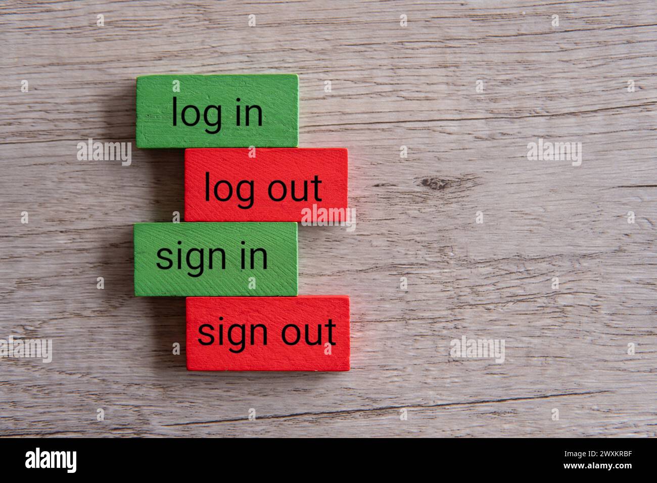 Top view image of wooden blocks with text LOG IN, LOG OUT, SIGN IN, SIGN OUT. Stock Photo