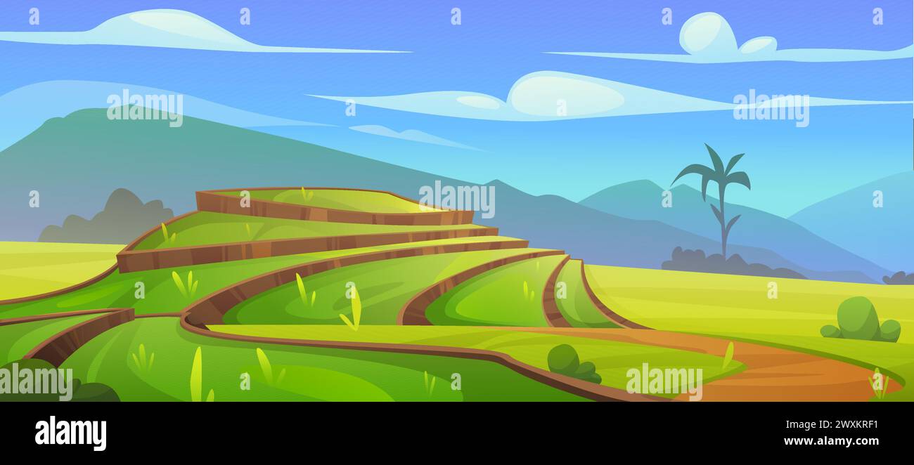 Asian rice field landscape. Vector cartoon illustration of green tea plantation with terrace terrain, bushes, palm tree and green grass on hill, mountain silhouette on horizon, farming land, blue sky Stock Vector