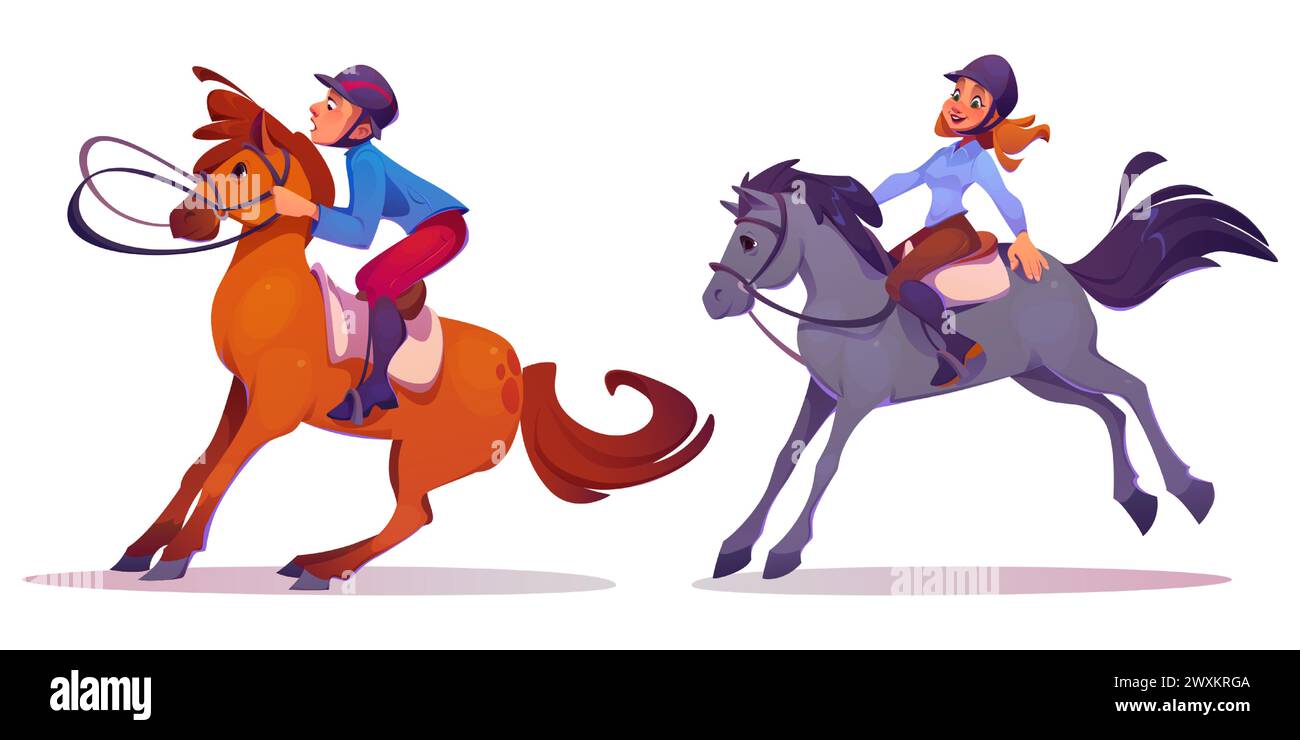 Male and female horse rider in helmet and uniforms. Cartoon vector illustration of equestrian school and racehorse sport set with man and woman jockey in equipment ride on animal in saddle with bridle Stock Vector