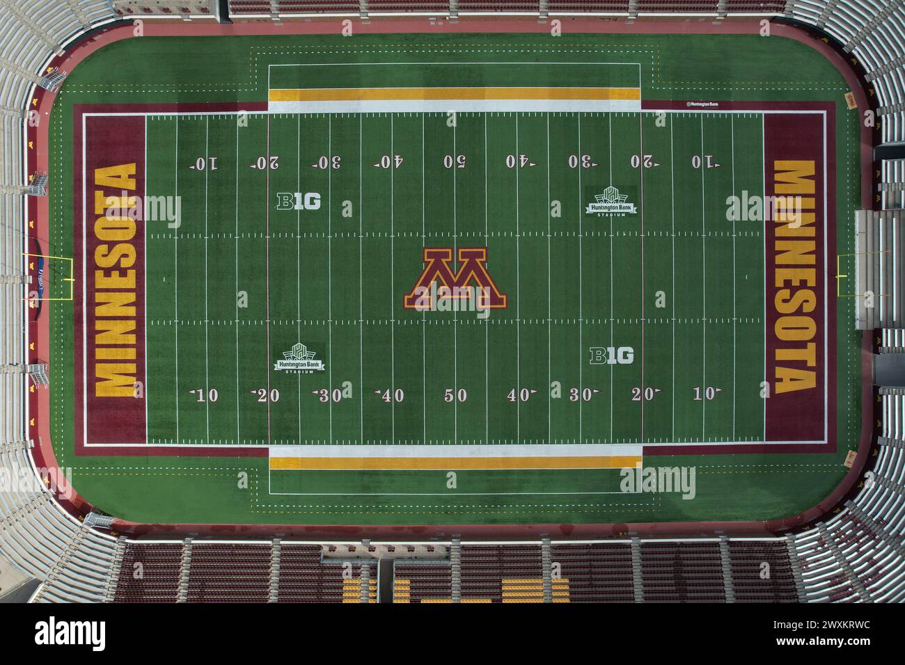 The Minnesota Golden Gophers logo at midfield of the Football field at Huntington Bank Stadium on the campus of the University of Minnesota, Saturday, April 2, 2022, in Minneapolis. Stock Photo