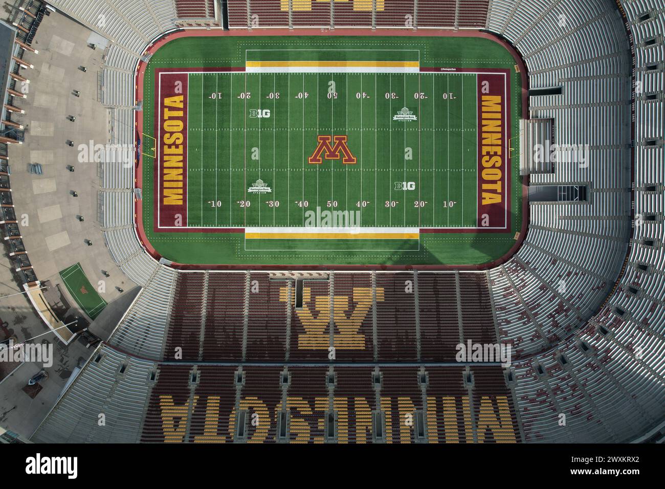 The Minnesota Golden Gophers logo at midfield of the football field at Huntington Bank Stadium on the campus of the University of Minnesota, Saturday, Stock Photo