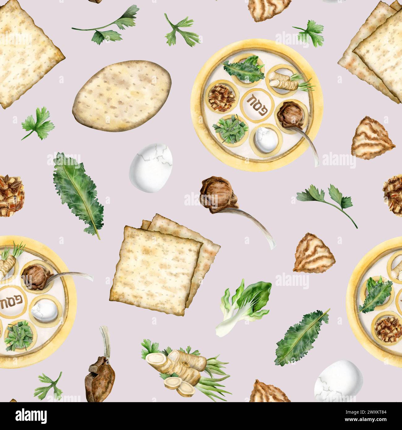 Watercolor Passover seder food and traditional round plate seamless ...