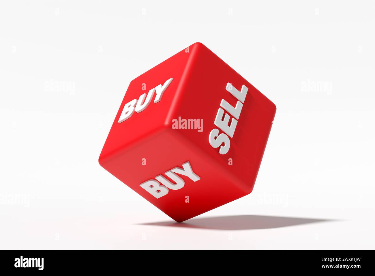 Red dice rolling with the options or choices to buy and to sell. Decision making on buying or