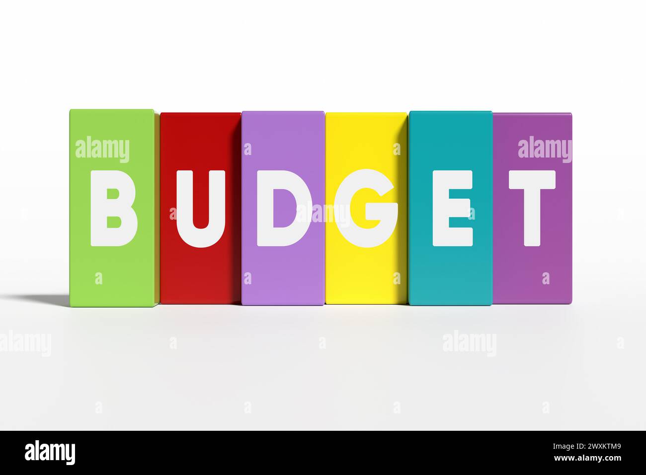 The word budget on colorful wooden blocks on white background. Business and finance, budgeting plan concept. 3D render. Stock Photo