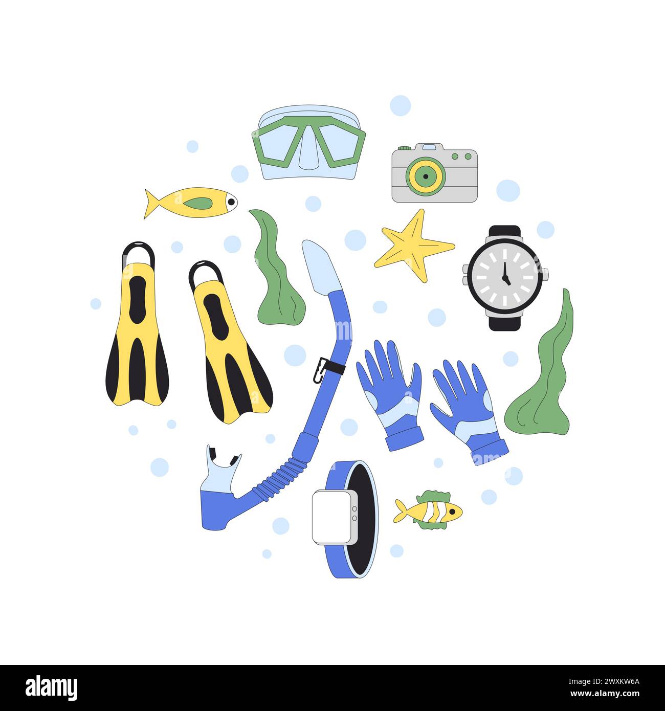 Diving round emblem. Oxygen masks, tanks, flippers and equipment for ...