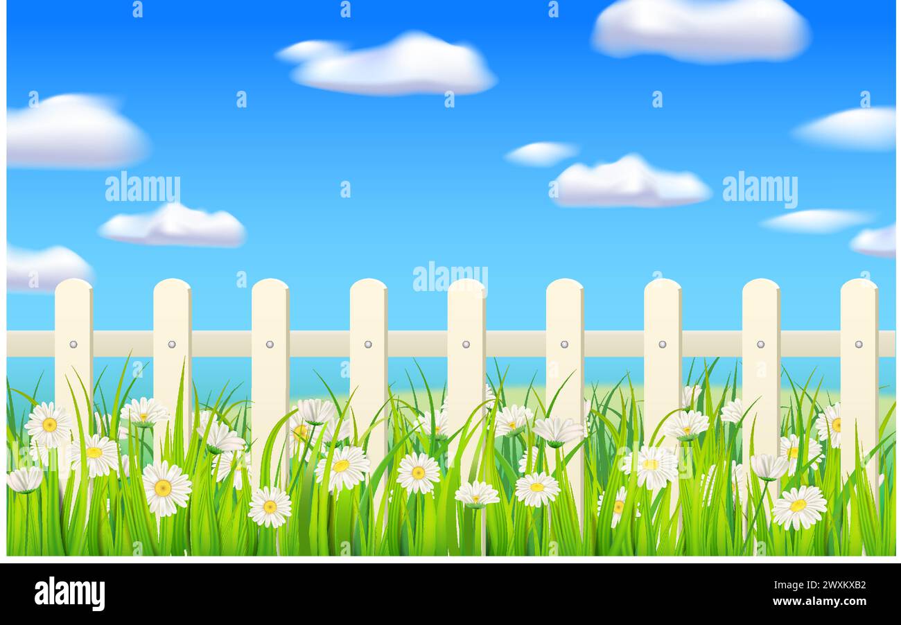 Spring green grass, daisy flowers, white fence Stock Vector