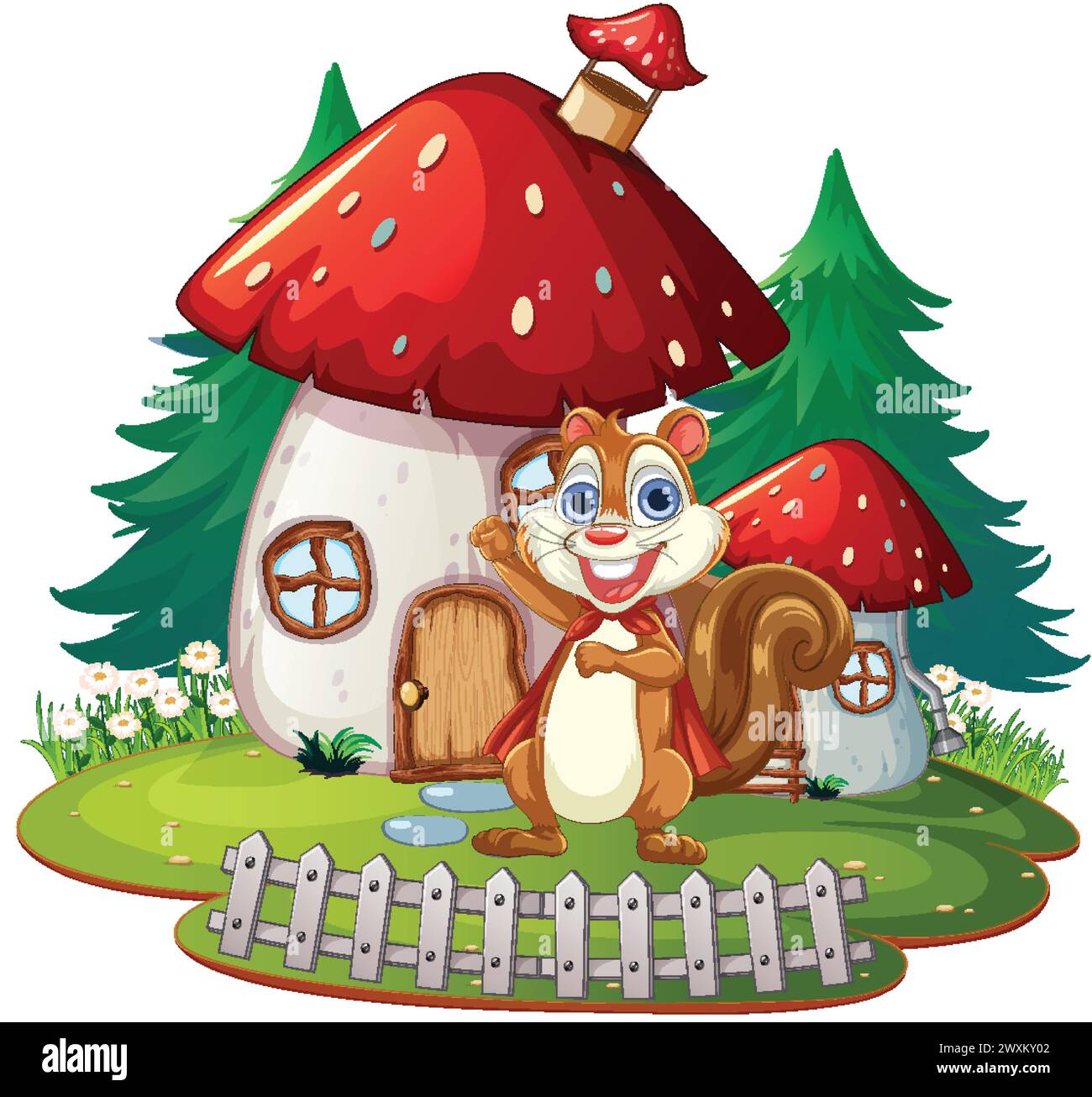 A happy squirrel standing outside a fantasy mushroom home. Stock Vector