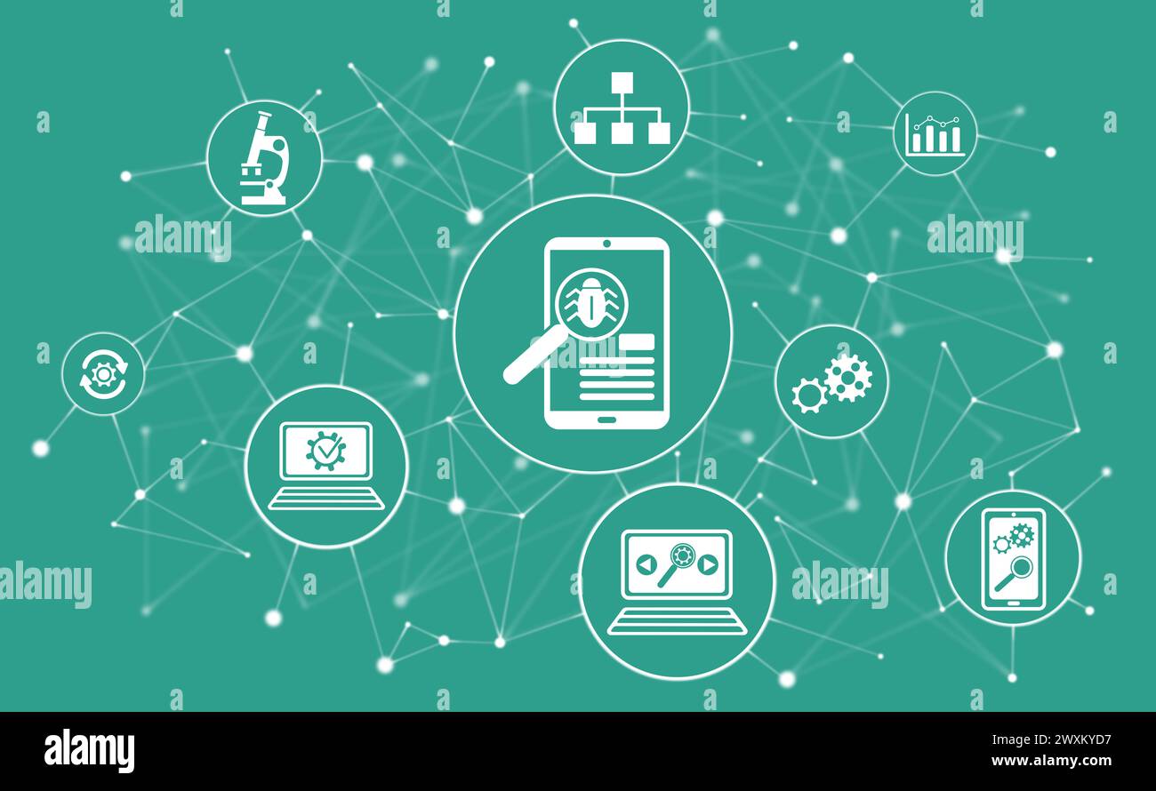 Concept of software testing with connected icons stock photo alamy