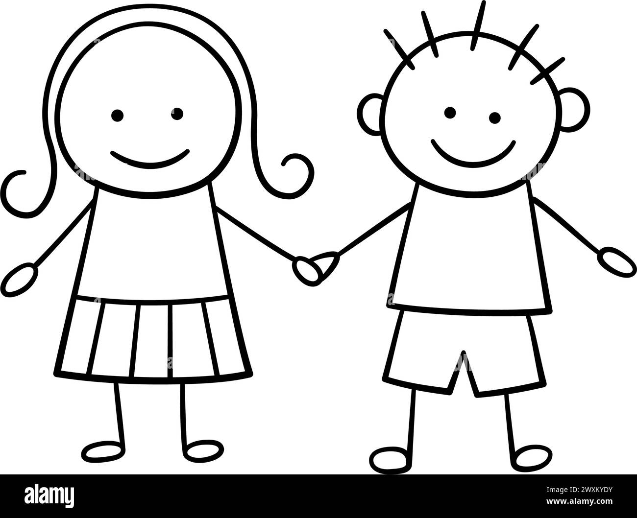 Funny kids holding hands. Friendship concept. Happy cute doodle children. Boy and girl holding hand. Vector illustration in hand drawn style isolated Stock Vector