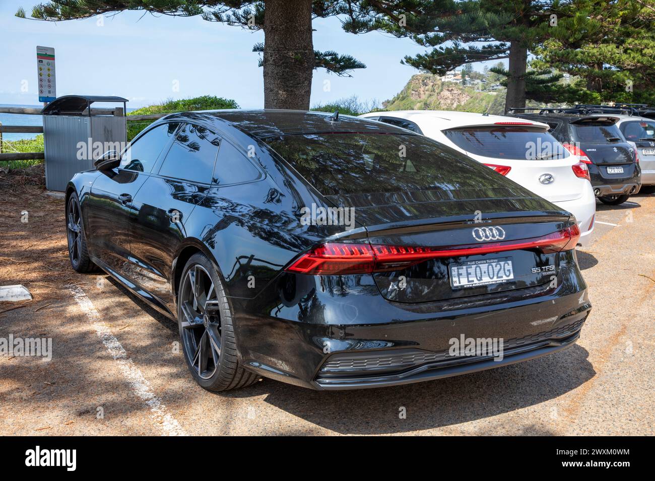 2021 model black Audi A7 sedan sports car parked in Sydney, at Newport Beach Australia Stock Photo
