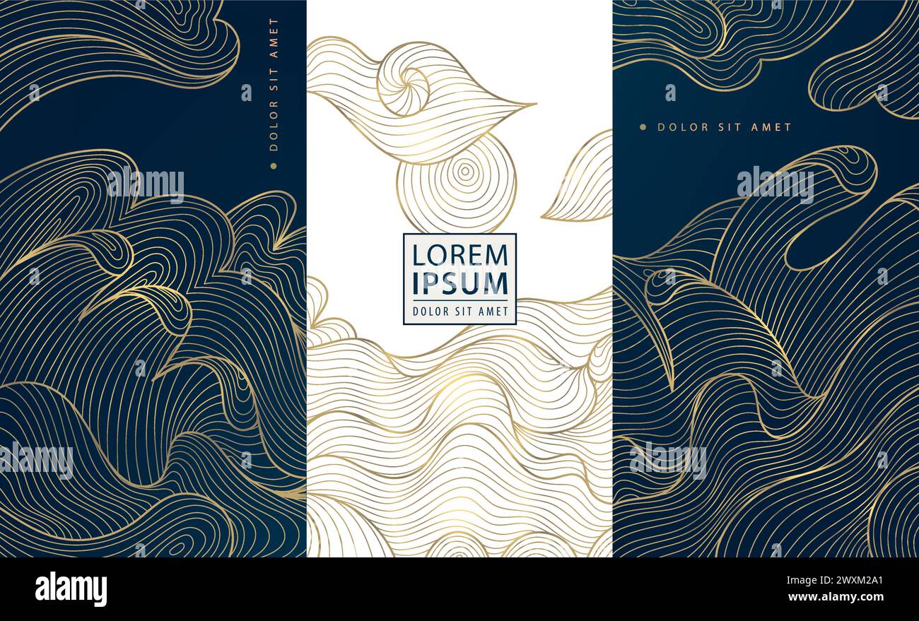 Wave Label Layout Vector set of luxury labels, wave tags in line japanese style. Elegant ...