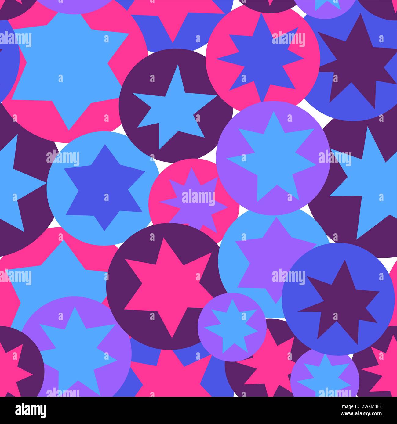 Abstract stars and circles seamless pattern. Violet, pink and blue colors. Stock Vector
