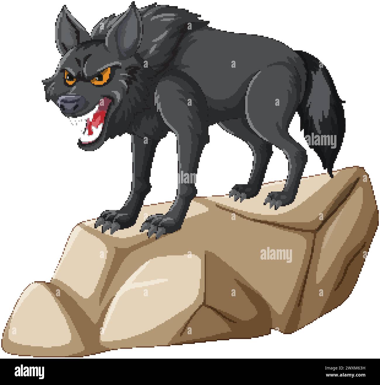 An aggressive wolf growling atop a stone. Stock Vector