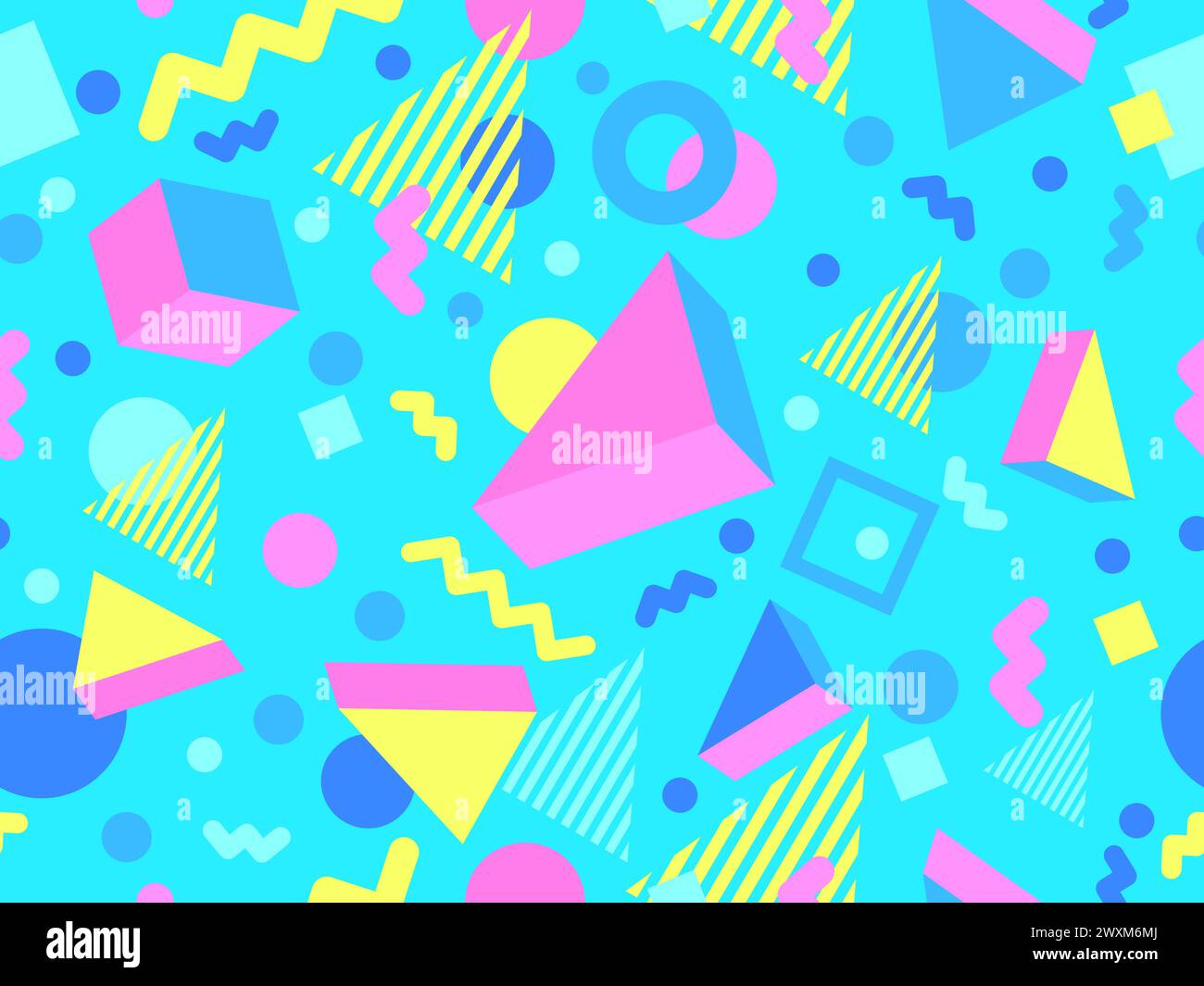 Geometric seamless pattern with 3D shapes in the style of the 80s and 90s. Isometric 3D shapes in Memphis style. Design of promotional products, wrapp Stock Vector