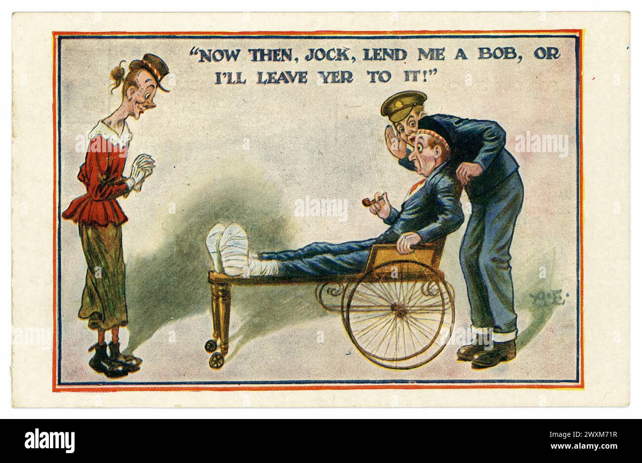 Original WW1 era comic cartoon postcard of invalided Scottish man in wheelchair faced with a desperate single woman. Around two million came home to Britain from First World War with some disability. dated / posted 22 Sept 1919, U.K. Stock Photo