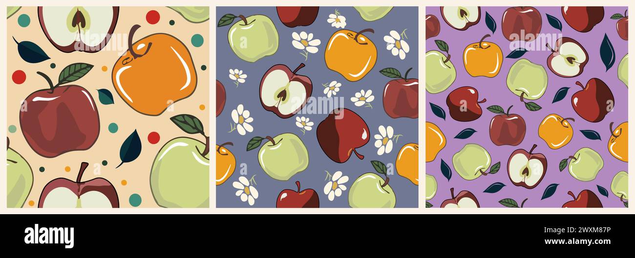 Set of Botanical seamless patterns with apples. Stock Vector