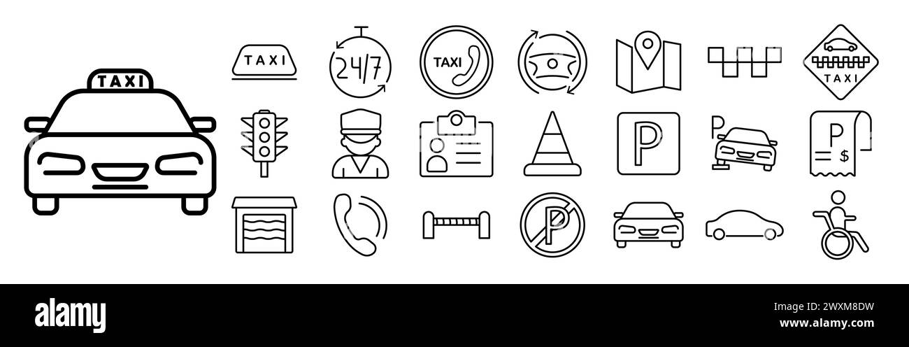 Taxi icon set. ID card, passport, data, face photo, silhouette, taxi ...