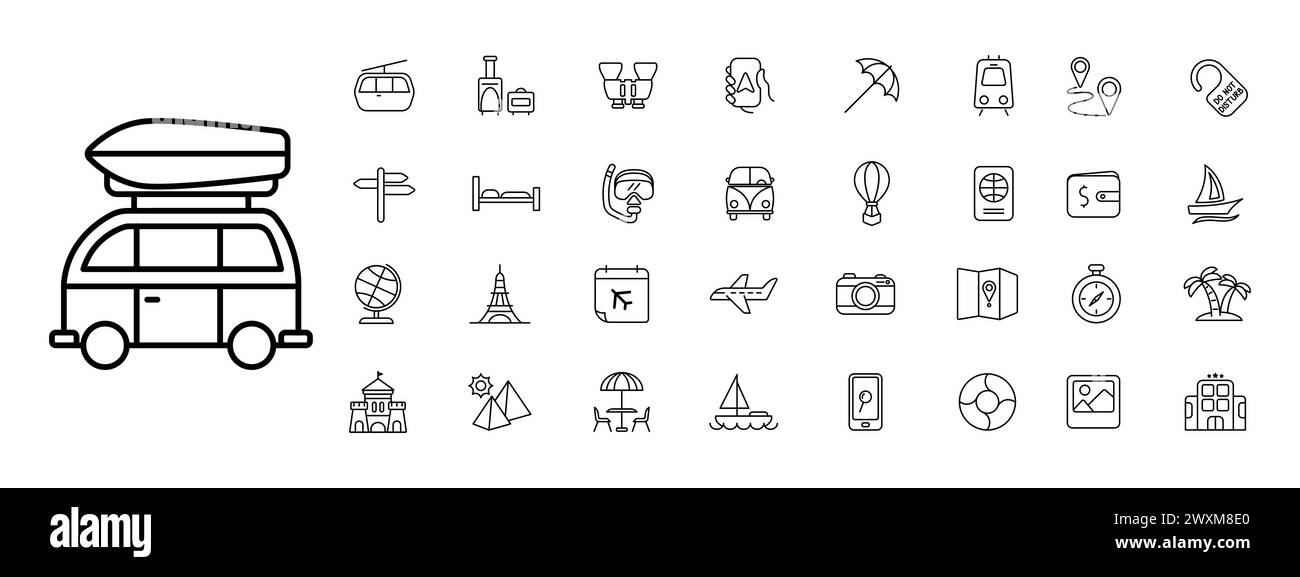 Travel set icon. A car, a motorhome with a boat on the roof, restaurant table for eating outside, umbrella, chairs, a boat, a yacht, an airplane. Tour Stock Vector