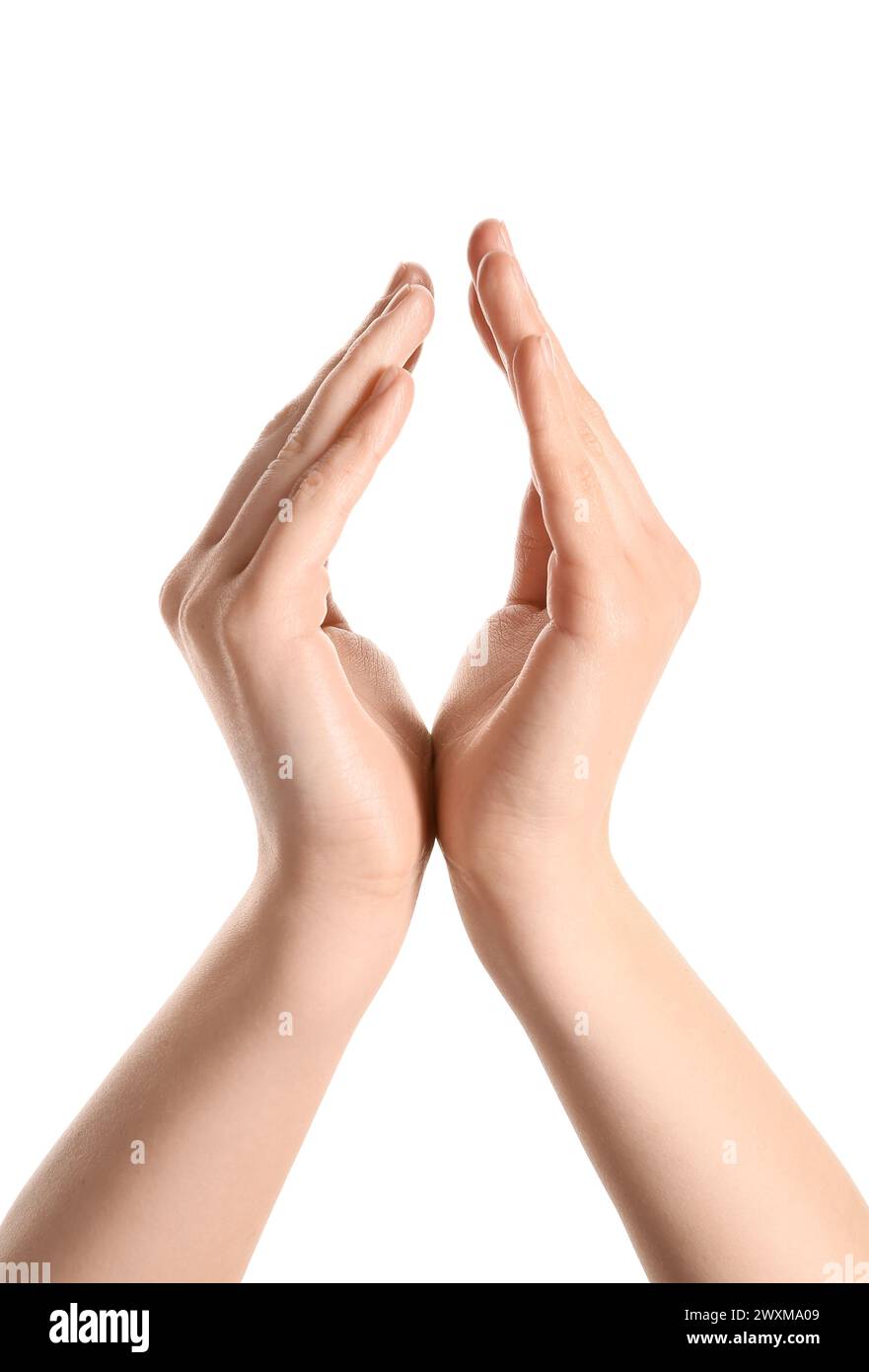 Woman holding sun on white background Stock Photo - Alamy