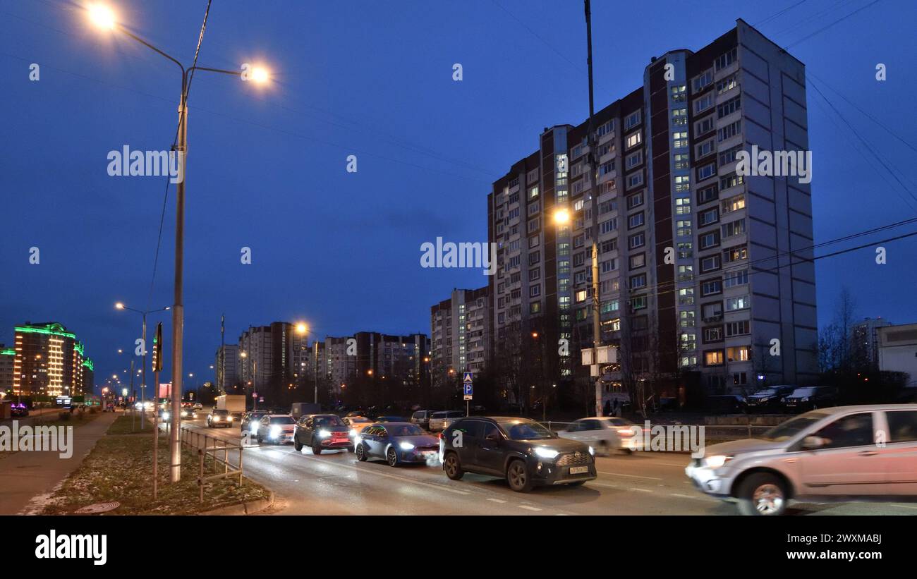 Moscow, Russia - Nov 21. 2023. Evening traffic on the Kamenka street in Zelenograd Stock Photo