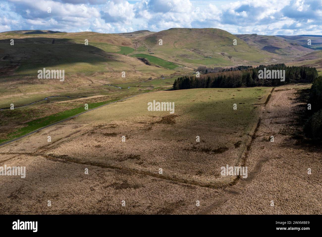 Aerial view of Pennymuir Roman Camps. The route of Dere Street passes the camp on the left towards Woden Law heading south near Jedburgh, Scotland, UK Stock Photo