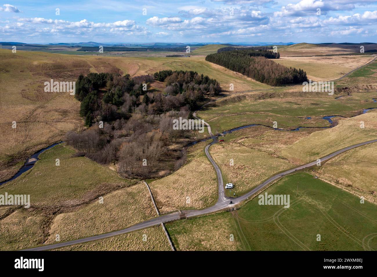 Aerial drone view of Towford south of Jedburgh in the Cheviot Hills ...