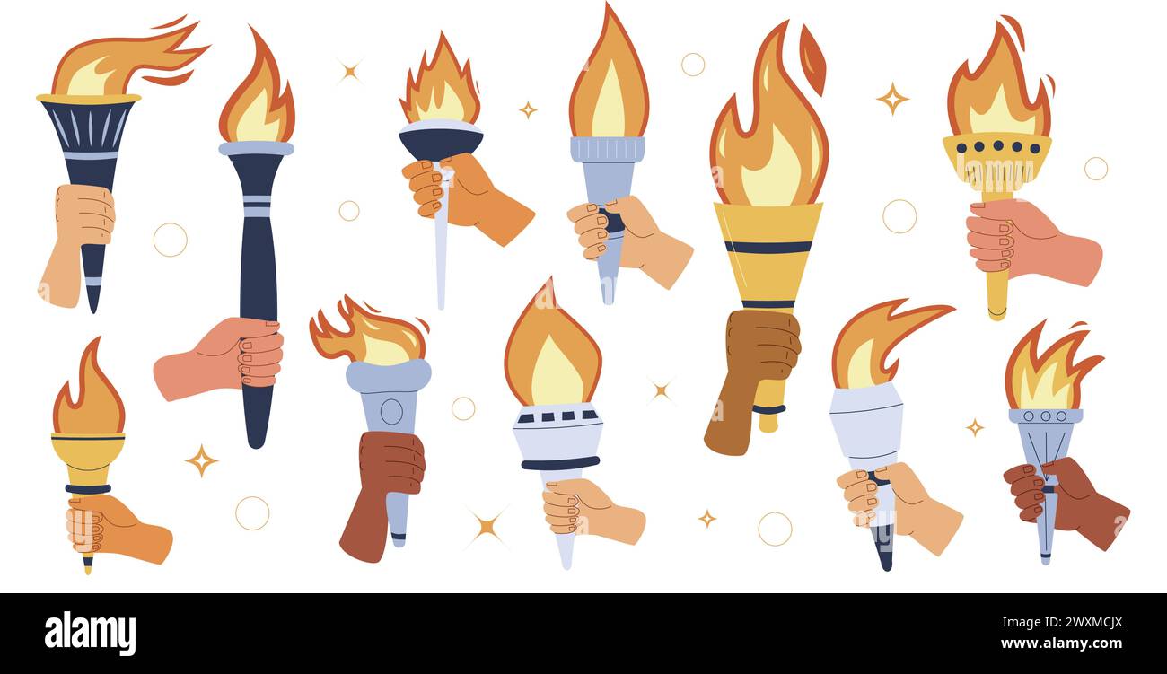 Torches with burning flame in hands set. Vector flat illustration isolated on white background. Stock Vector