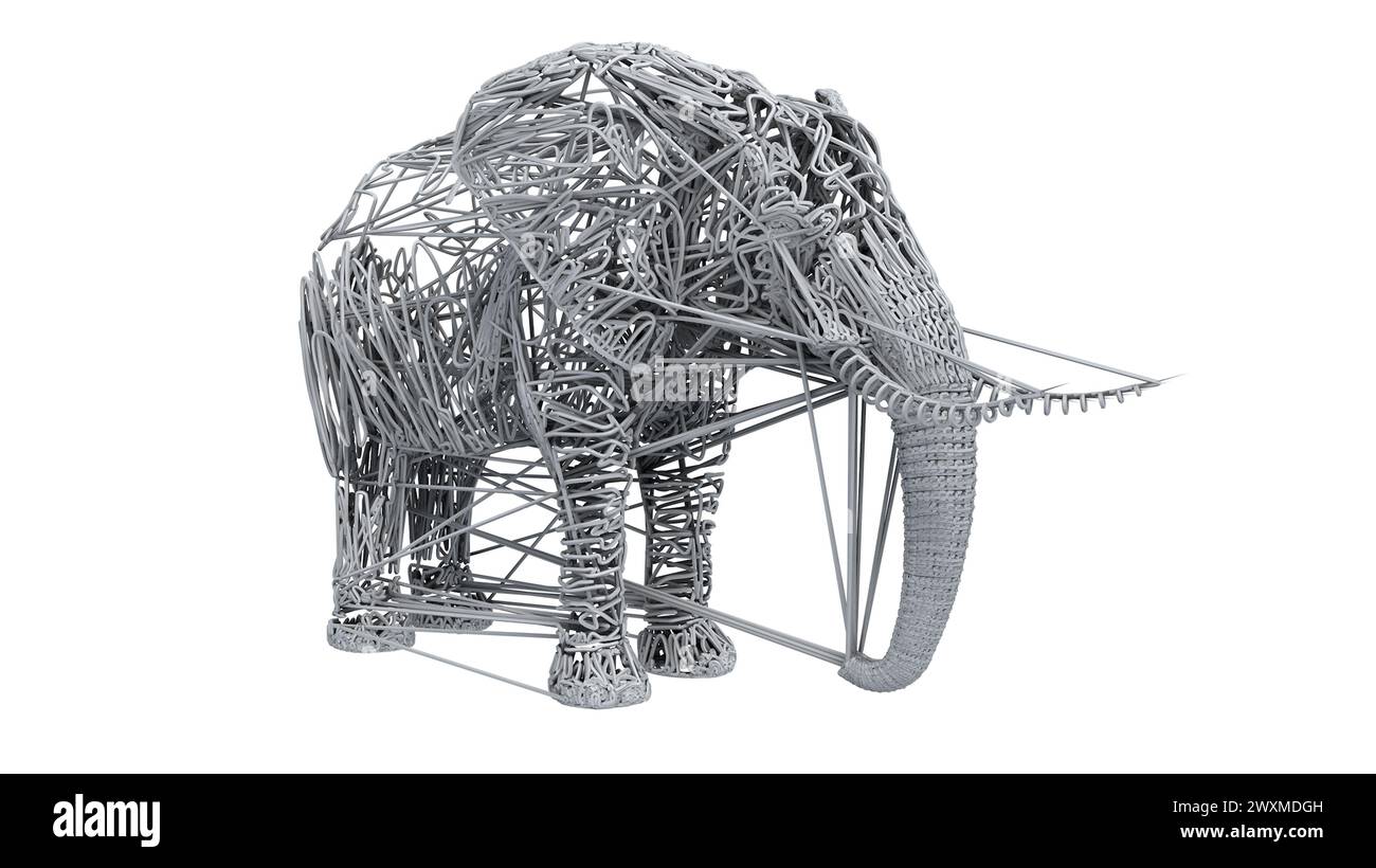 Wireframe elephant sculpture in elegant form. 3D Stock Photo