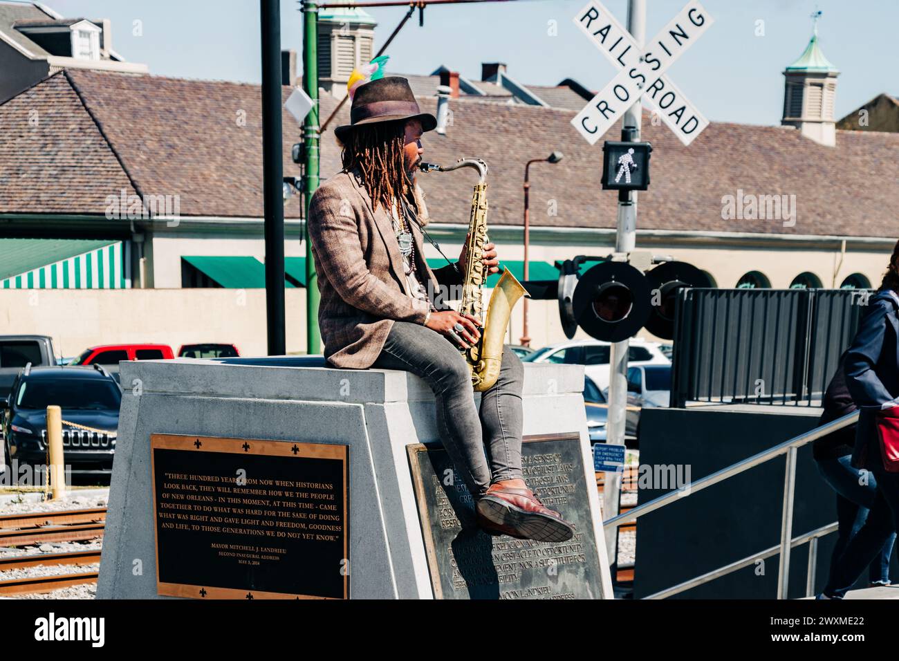 African American musician street performer playing sax, New Orleans Stock Photo