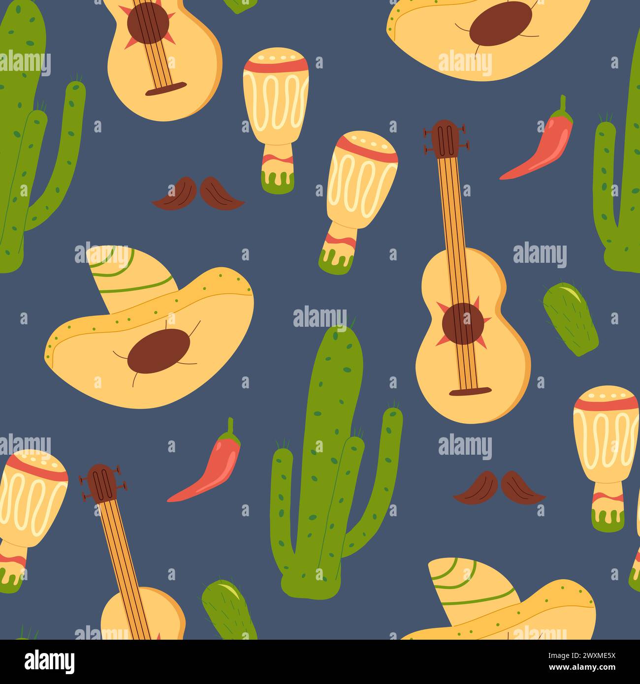 Cactus and sombrero with guitar repeat background. Mexican seamless