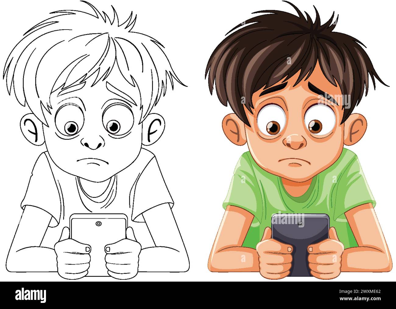 Two boys focused intently on their smartphones Stock Vector