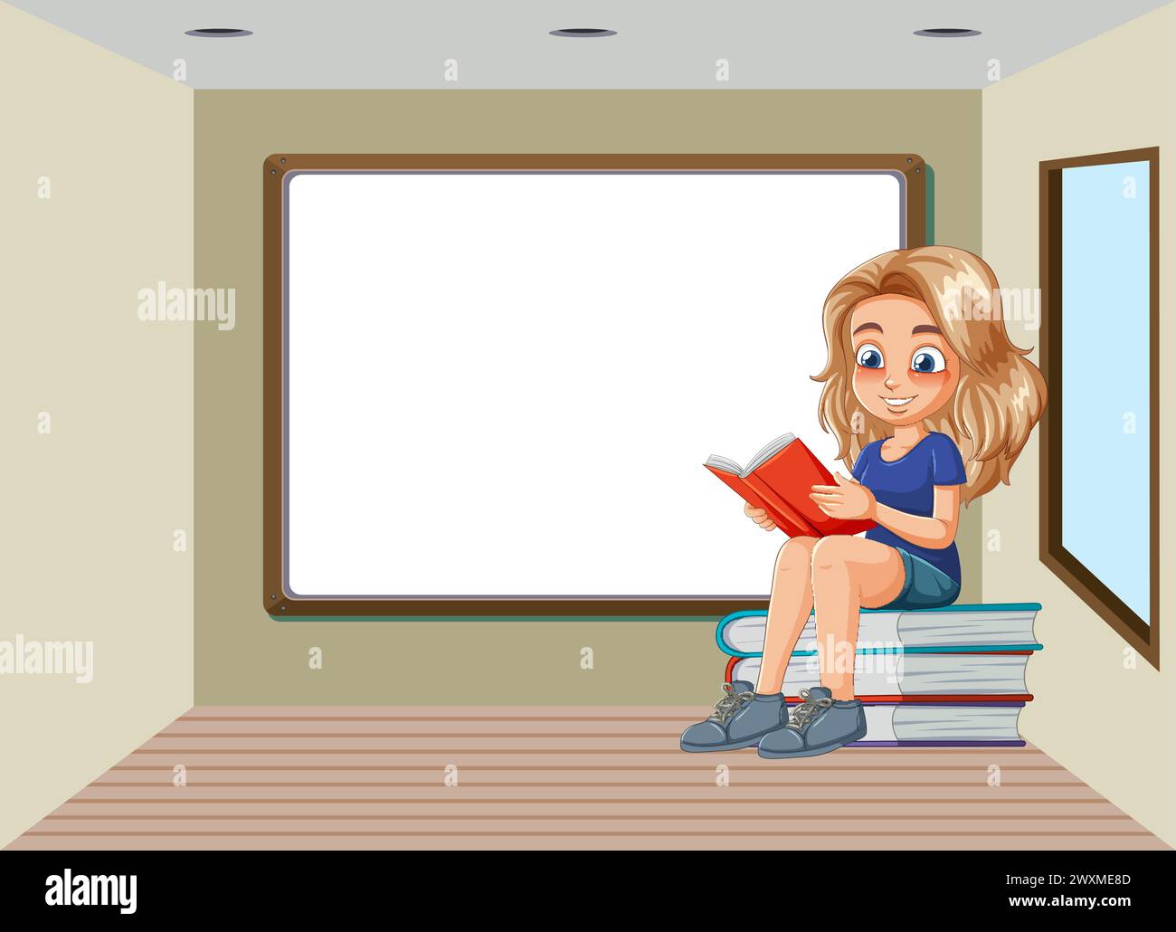 Cartoon girl reading book in a classroom setting Stock Vector Image ...