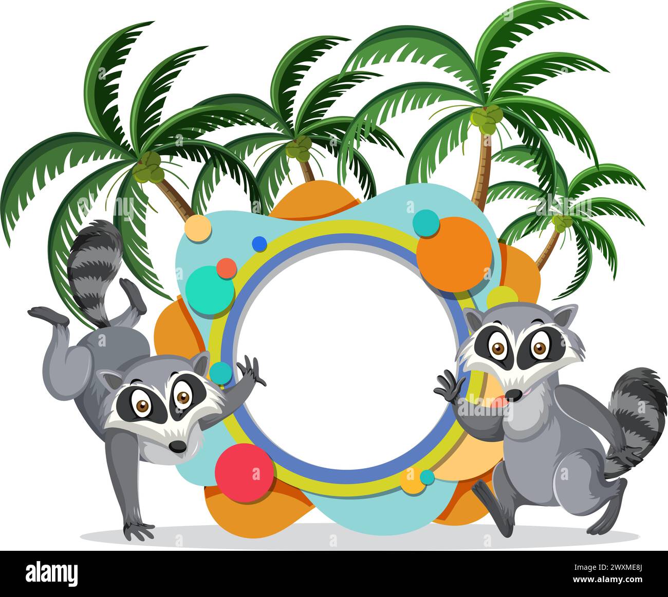Two lemurs around a colorful circular frame. Stock Vector
