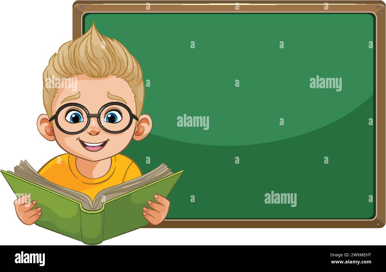 Cartoon boy reading book in front of chalkboard Stock Vector Image & Art Alamy
