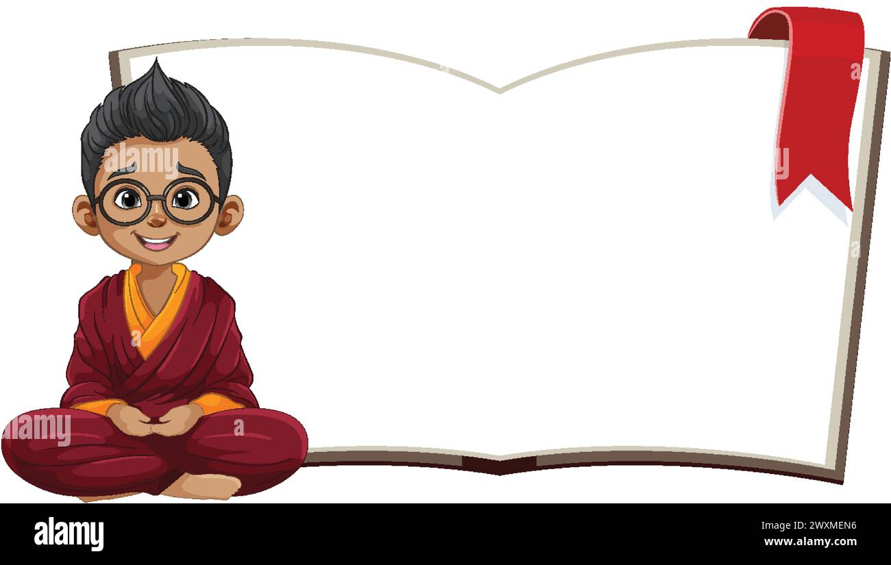 Cartoon of a child monk studying a large book Stock Vector