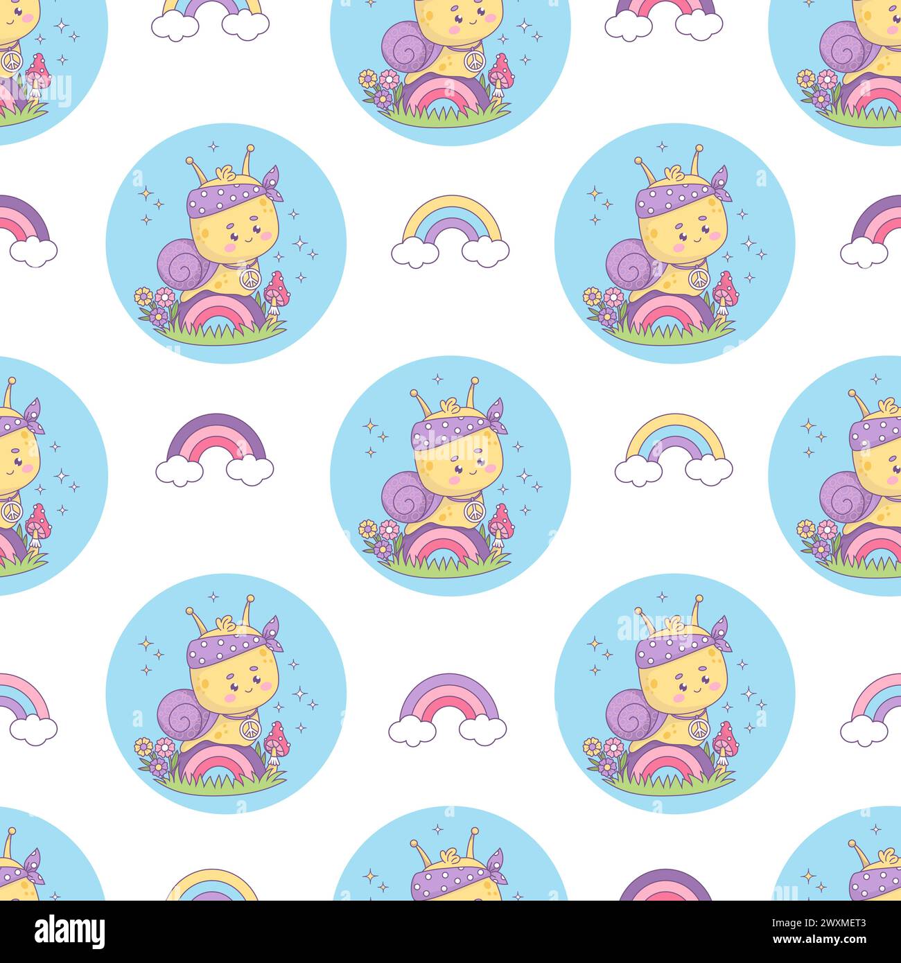 Seamless pattern with groovy snail character hippy. Funny kawaii insect boy on rainbow on white background. Nostalgic Vector illustration in trendy re Stock Vector