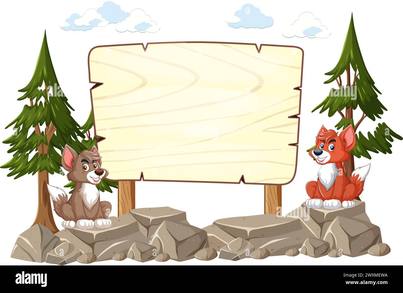 Cartoon wolves by a wooden sign in the woods Stock Vector Image & Art ...