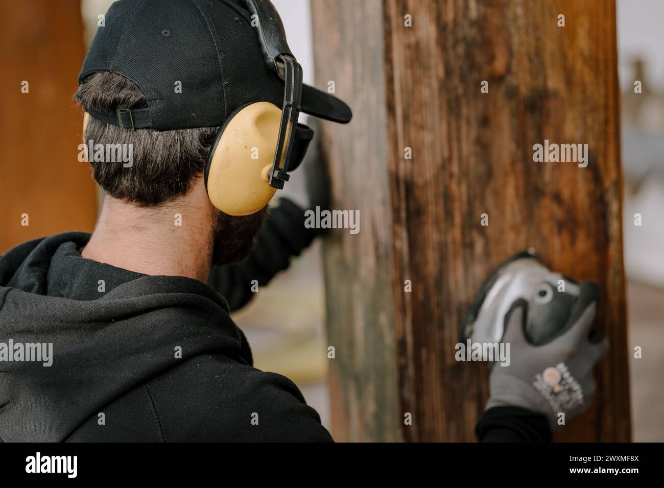A man cutting a tree with a circular saw Stock Photo