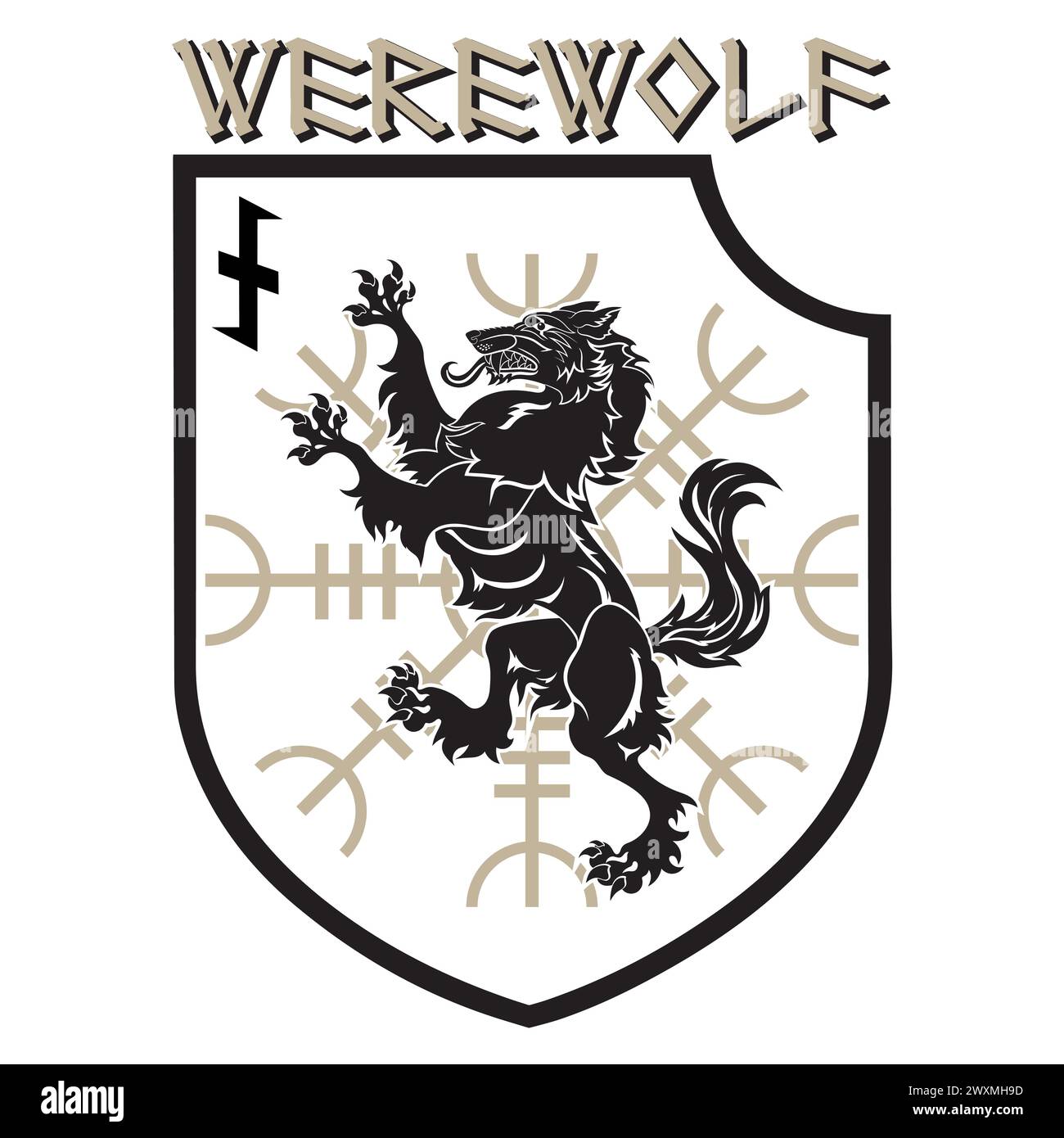 Design patch. Heraldic shield with a Werewolf, Helm of Awe and rune Wolfsangel Stock Vector
