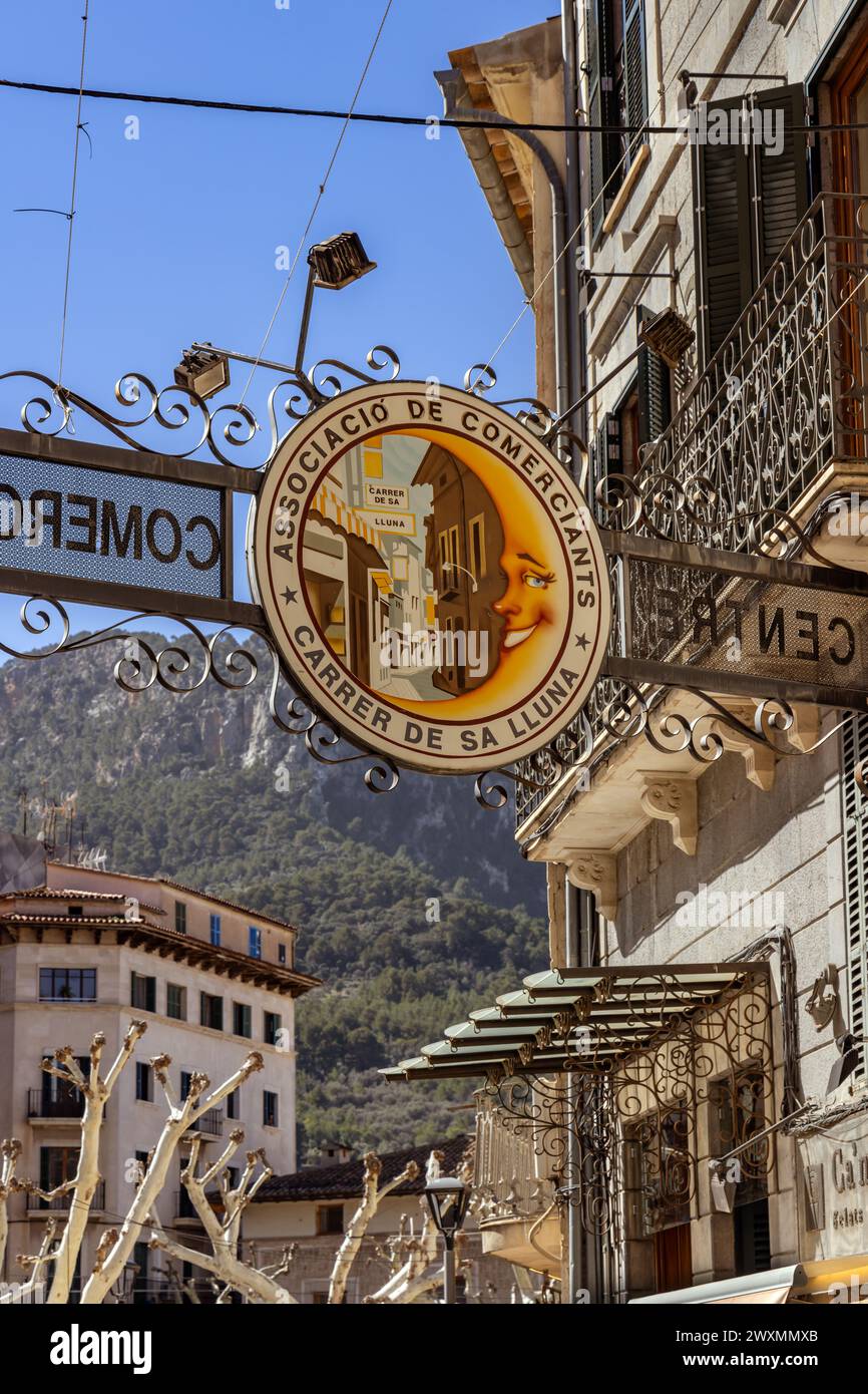Centre Comercial sign above Carrer de Sa Lluna, a popular shopping street in Soller, Mallorca, Spain Stock Photo