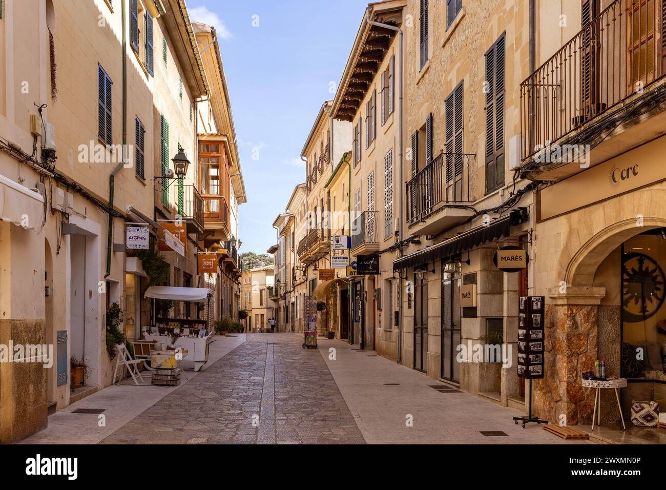 Carrer Major street in the attractive small towns of Polleca in Mallorca, Spain Stock Photo