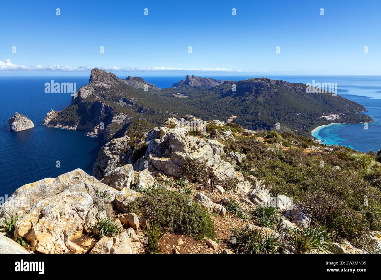 Cap de Formentor (Formentor cape) is located in the Pollença municipality on the northernmost tip of the island of Majorca, Balearic Islands Stock Photo