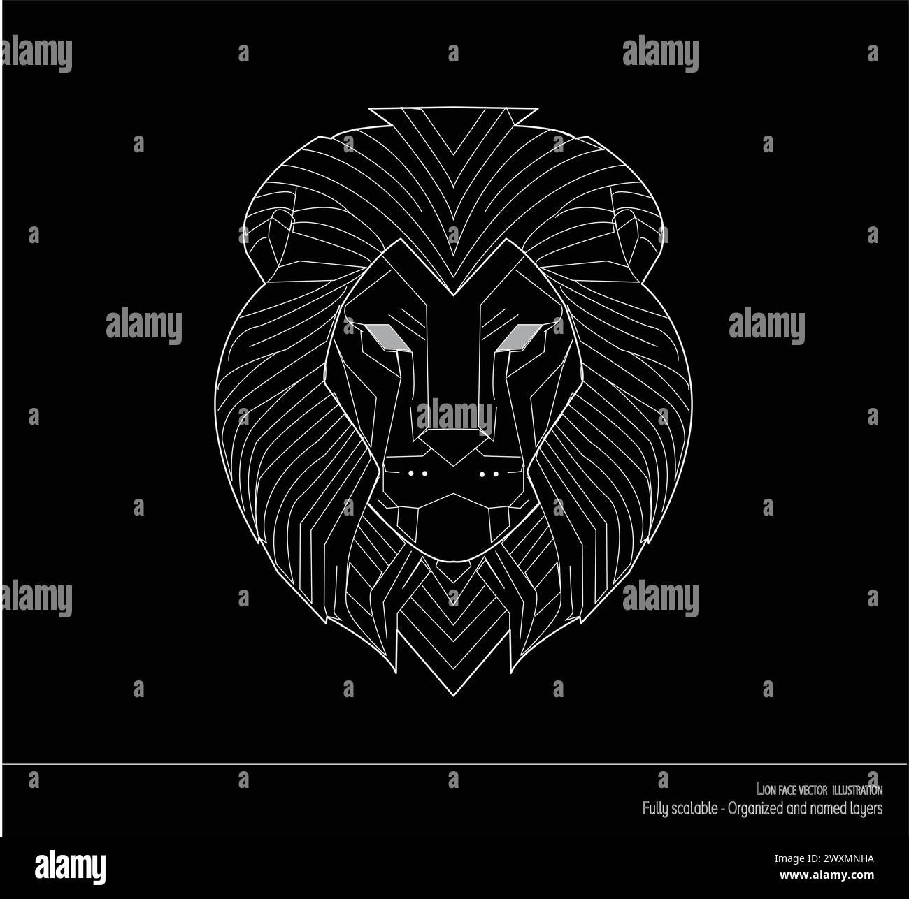 Detailed Lion Face Vector Illustration - Realistic Wild Animal Graphic in Line Art Style Stock Vector