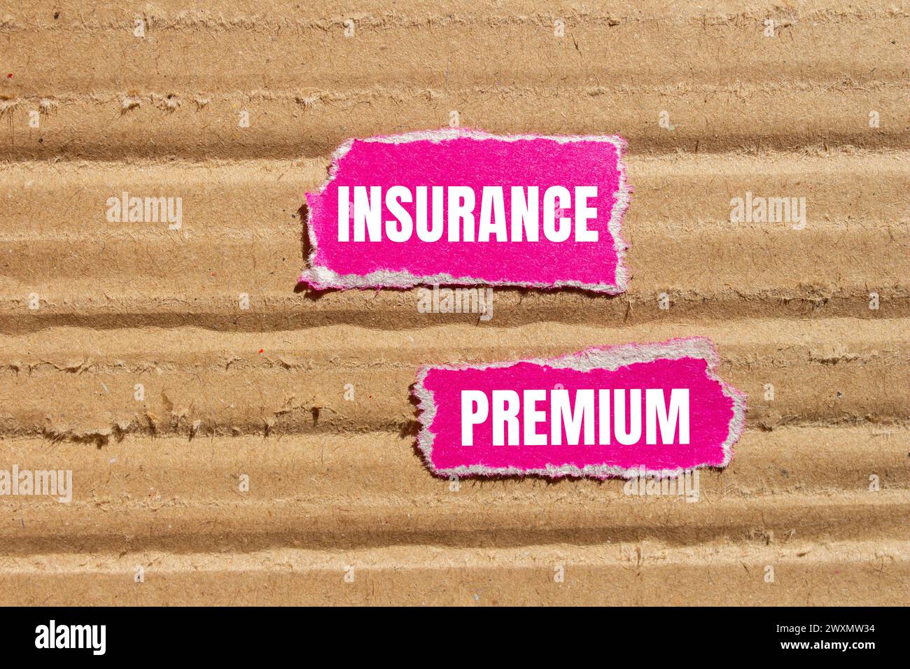 Insurance premium words written on pink torn paper pieces with cardboard background. Conceptual business symbol. Copy space. Stock Photo