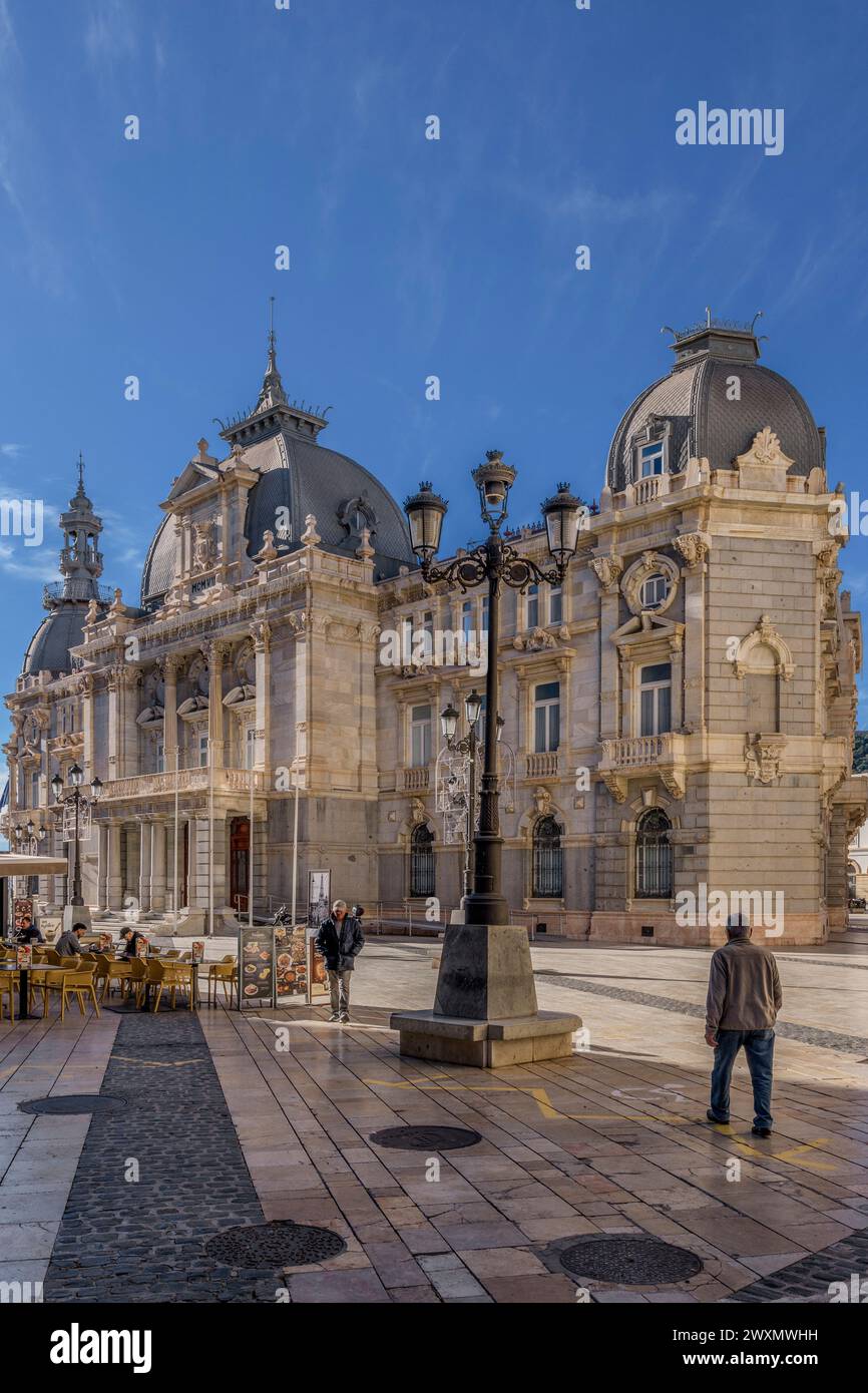 The headquarters of the local town hall is located in this modernist palace of eclectic style inaugurated in 1907 in the city of Cartagena, Murcia. Stock Photo