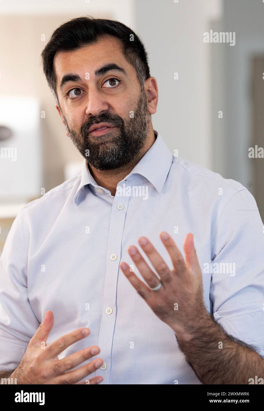 First Minister of Scotland Humza Yousaf during a visit to visit the National Treatment Centre at Victoria Hospital in Kirkcaldy, Fife, for the announcement of an investment to reduce waiting times. Picture date: Monday April 1, 2024. Stock Photo
