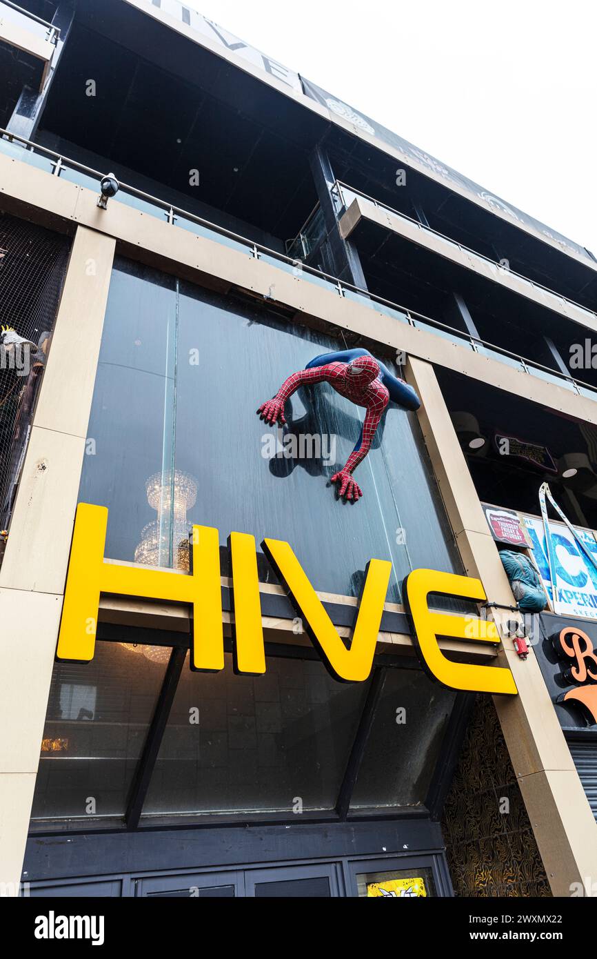 Spider-Man, Spiderman, Skegness, Lincolnshire, UK, England, Hive, Hive nightclub, Hive Skegness, Spiderman on building, the hive skegness, outside, Stock Photo