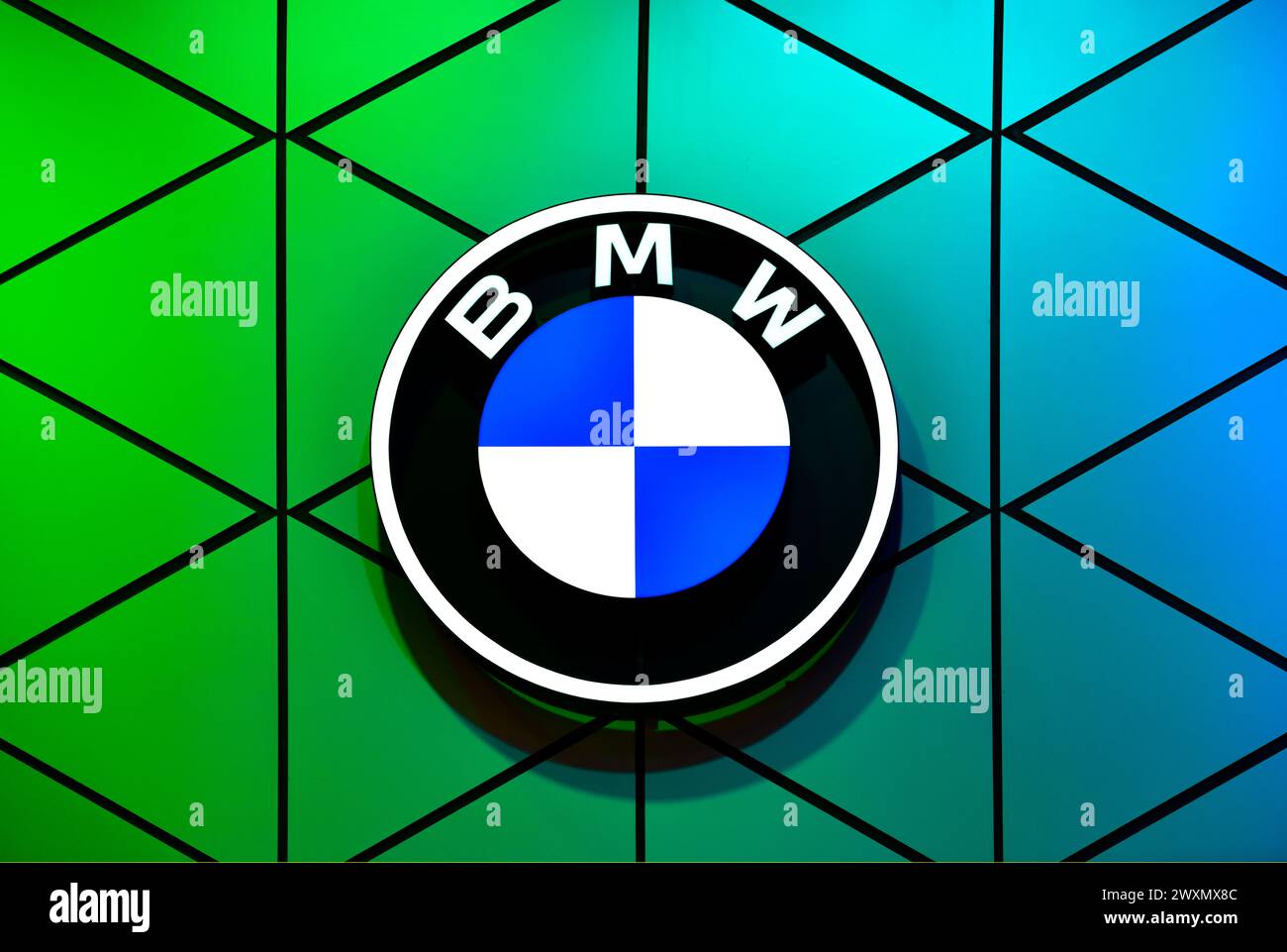 Thailand-March 27,2024: Beautiful colors of the BMW logo at the 45 Bangkok International Motor Show in Nonthaburi Stock Photo