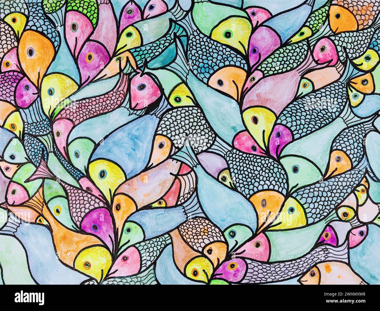 Composition of fish in neon colors. The dabbing technique near the edges gives a soft focus effect due to the altered surface roughness of the paper. Stock Photo